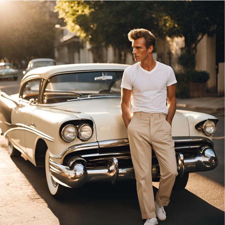 Silhouette d'un homme portant un Chino beige et un T-Shirt blanc appuyé sur une voiture américaine