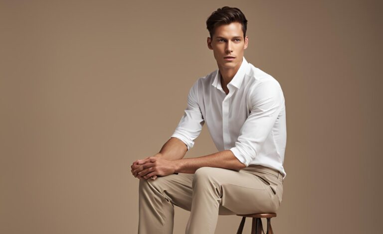 Mannequin assis sur un tabouret qui port un Chino Beige et une chemise blanche